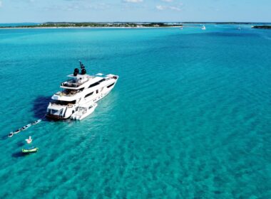 Luxury yacht AWAY anchored in the turquoise waters of the Exumas, Bahamas