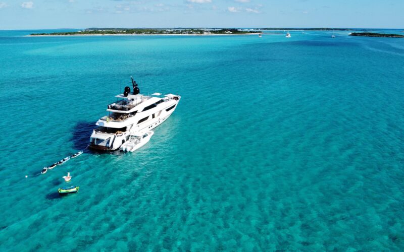 Luxury yacht AWAY anchored in the turquoise waters of the Exumas, Bahamas