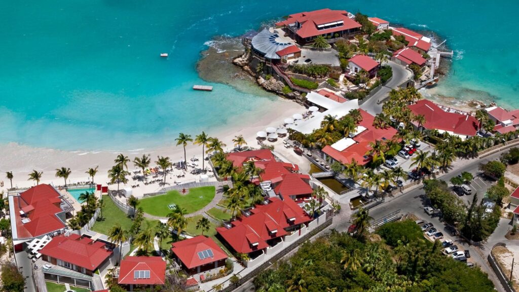 Aerial view of Eden Rock hotel on St Jean Bay in St Barths
