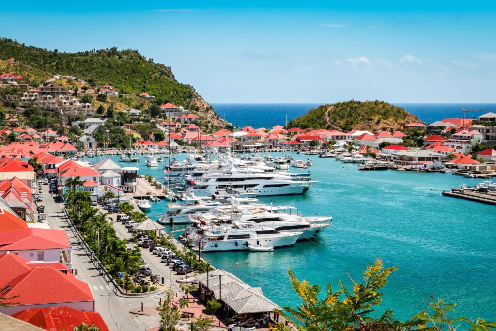 Aerial view of Gustavia Harbour with yachts in St Barths