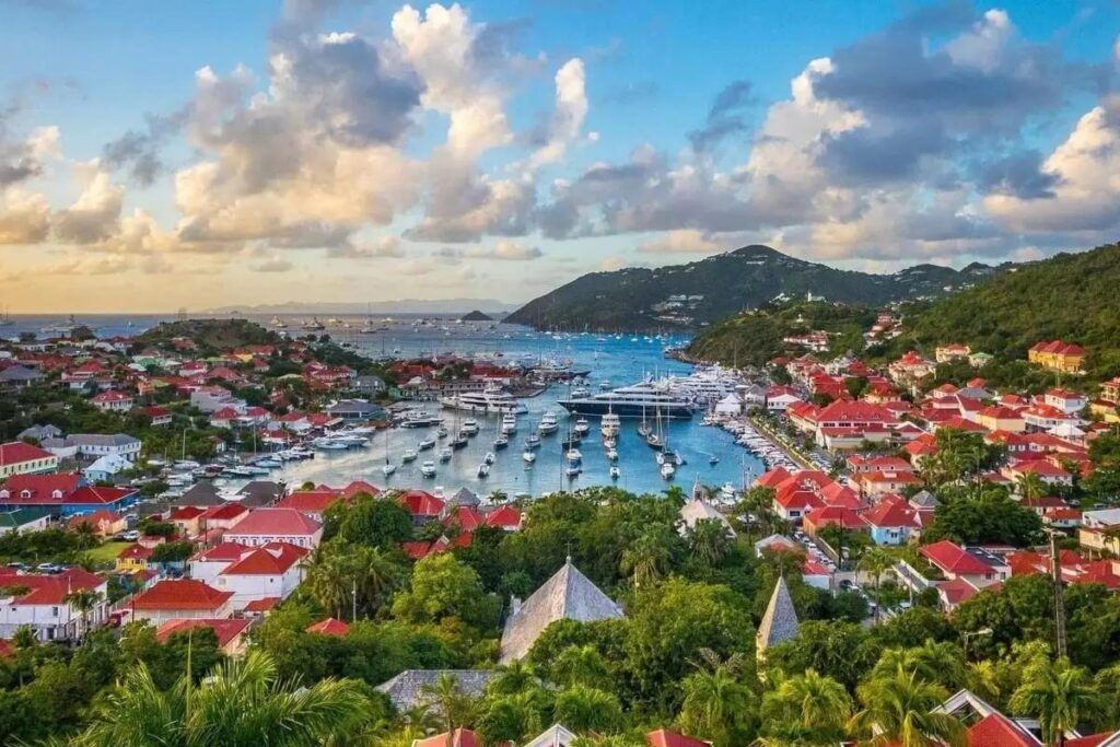 Aerial view of Gustavia Harbour with yachts in St Barths