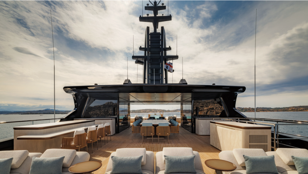 Outdoor dining and lounge area aboard 72m SILVER FOX superyacht